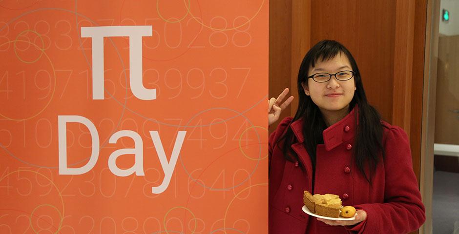 To celebrate Pi Day 2015, Math Society awarded slices of pie to students who could recite over 11 digits of pi. Congratulations to Omer Cohen (207 digits), Ziyuan Huang (100 digits), and Siyao Fang (83 digits), who placed first, second, and third, respectively. March 16, 2015. (Photo by Sunyi Wang)