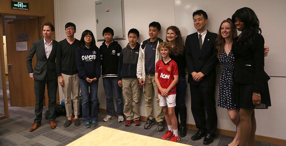 As part of Ally Week 2015, young soccer fan and player Mac Millar speaks at NYU Shanghai on promoting peace through his favorite sport. April 13, 2015. (Photo by Annie Seaman)