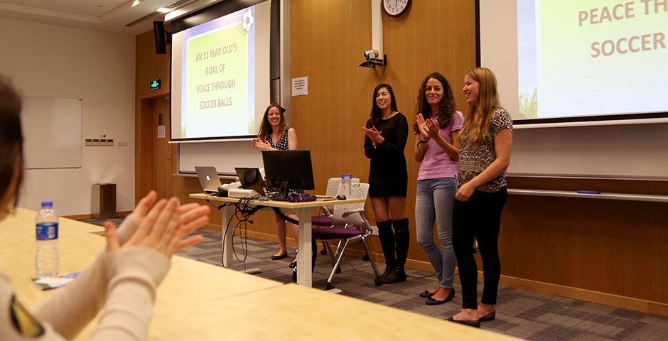 As part of Ally Week 2015, young soccer fan and player Mac Millar speaks at NYU Shanghai on promoting peace through his favorite sport. April 13, 2015. (Photo by Annie Seaman)