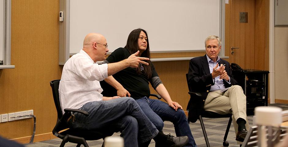 NYU Shanghai professor Clay Shirky, Baidu Director of International Communications Kaiser Kuo, and renowned journalist James Fallows sit down for a conversation about China&#039;s ever-evolving social media. April 21, 2015. (Photo by Annie Seaman)