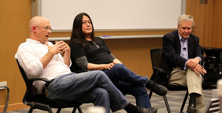 NYU Shanghai professor Clay Shirky, Baidu Director of International Communications Kaiser Kuo, and renowned journalist James Fallows sit down for a conversation about China's ever-evolving social media. April 21, 2015. (Photo by Annie Seaman)