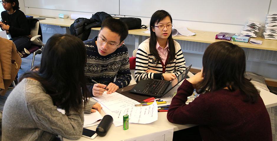 The first-ever DBS Digital Express Challenge at NYU Shanghai provides participants with Design Thinking and Lean Startup methodology training. January 22, 2015. (Photo by Tina Xu)