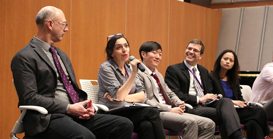 NYU Shanghai's first-ever graduate school panel featured faculty and professionals who provided advice on applying to and attending graduate programs in law, medical, business, and research doctorates. This was followed by a mixer, where panelists and students mingled and chatted. April 24, 2015. (Photo by Fred Wu)