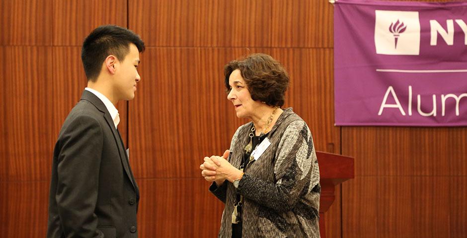 The NYU Alumni Executive Mentor Program, which pairs alumni mentors with current NYU Shanghai students for professional development, launches its inaugural year with a kick-off dinner. Jeff Lehman, Vice Chancellor of NYU Shanghai, praised the participants in their collaboration to improve linkages across the NYU global community. January 29, 2015. (Photo by Annie Seaman)