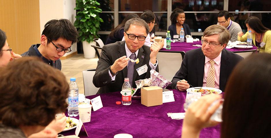 The NYU Alumni Executive Mentor Program, which pairs alumni mentors with current NYU Shanghai students for professional development, launches its inaugural year with a kick-off dinner. Jeff Lehman, Vice Chancellor of NYU Shanghai, praised the participants in their collaboration to improve linkages across the NYU global community. January 29, 2015. (Photo by Annie Seaman)
