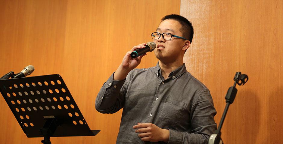 Members of Changing Octaves, an NYU Shanghai Residential Life music program, gather for a mid-week floor event. April 29, 2015. (Photo by Sunyi Wang)