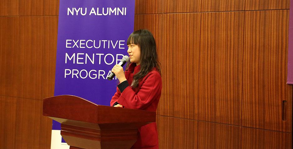 The NYU Alumni Executive Mentor Program, which pairs alumni mentors with current NYU Shanghai students for professional development, launches its inaugural year with a kick-off dinner. Jeff Lehman, Vice Chancellor of NYU Shanghai, praised the participants in their collaboration to improve linkages across the NYU global community. January 29, 2015. (Photo by Annie Seaman)