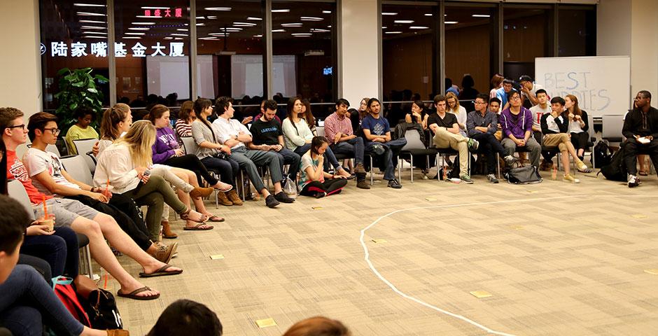 Students and faculty gather to discuss the launch of Best Buddies, a club dedicated to working with and befriending individuals with Intellectual &amp; Development Disabilities at locations around Shanghai. May 6, 2015. (Photo by Annie Seaman)