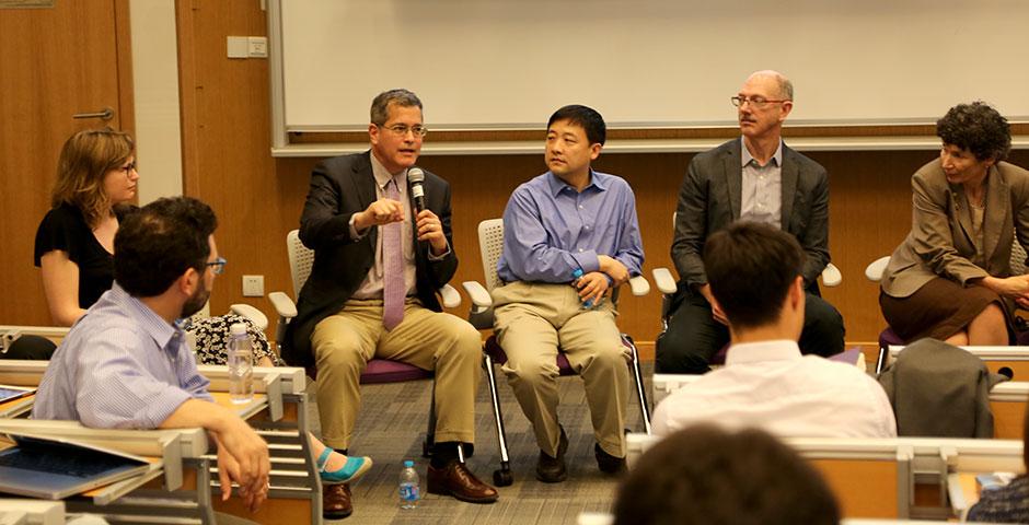 NYU Shanghai faculty gather for a forum discussion covering important academic topics such as major requirements, study away restrictions, e-books, and more. May 7, 2015. (Photo by Annie Seaman)