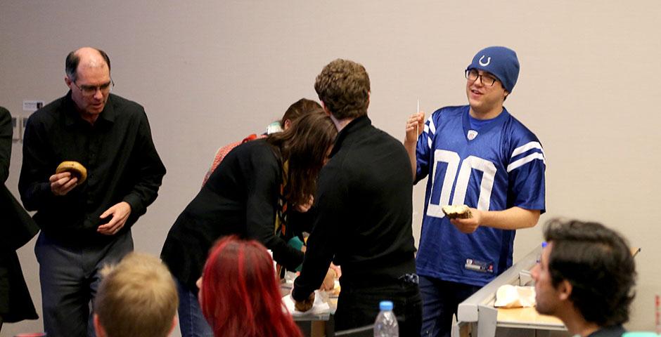 Students and faculty gathered bright and early to cheer on the Seahawks and Patriots for Super Bowl XLIX. February 2, 2015. (Photo by Annie Seaman)