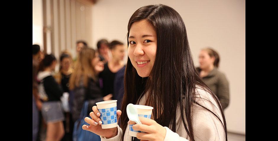 Students—some dressed in sleepwear for Viva La Violet&#039;s Pajama Monday—gather in the B1 rec area for ice cream treats. April 20, 2015. (Photo by Kevin Pham)