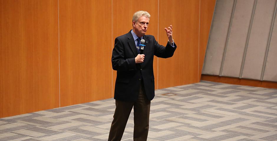 Dr. Roger D. Launius delivered a talk of &quot;Robots and Humans in Space: Technology, Evolution, and Interplanetary Travel&quot; on Thursday, Oct. 29, 2015.  (Photo by: Ibrahim Saeed)