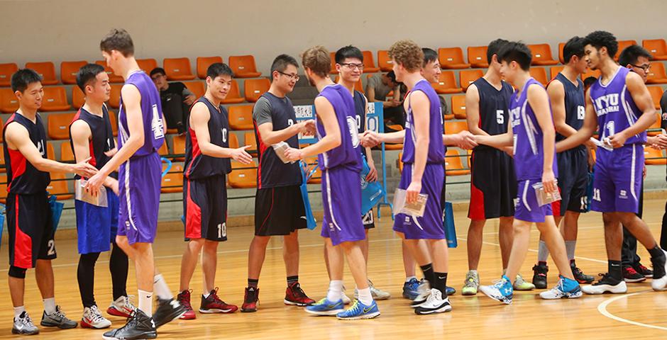 The NYU Shanghai Men&#039;s basketball team went toe to toe with Shanghai Normal University on March 5, with the game rallying to a tie at 74-74. (Photo by: Annie Seaman)