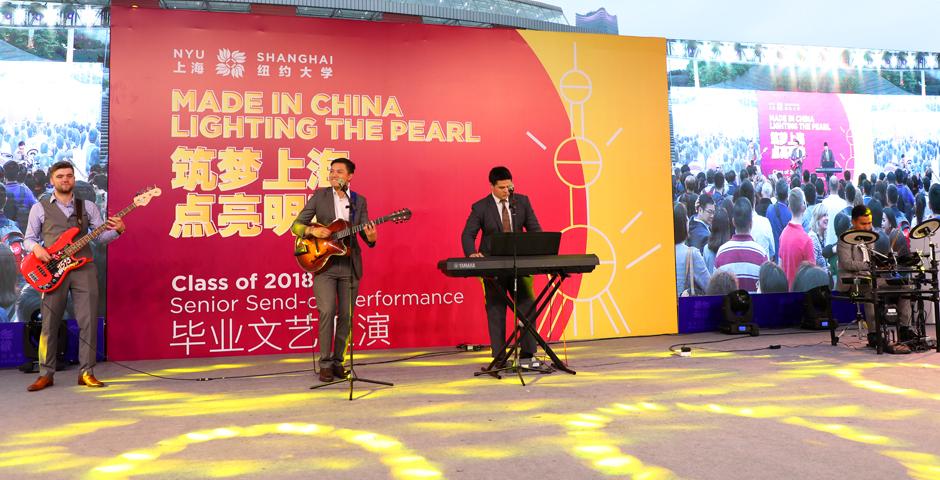 On May 22, the Oriental Pearl Tower shone violet for the graduating class of 2018. （Photo by: NYU Shanghai）