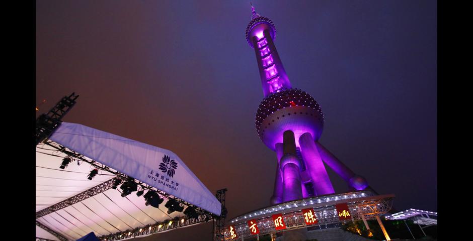 On May 22, the Oriental Pearl Tower shone violet for the graduating class of 2018. （Photo by: NYU Shanghai）