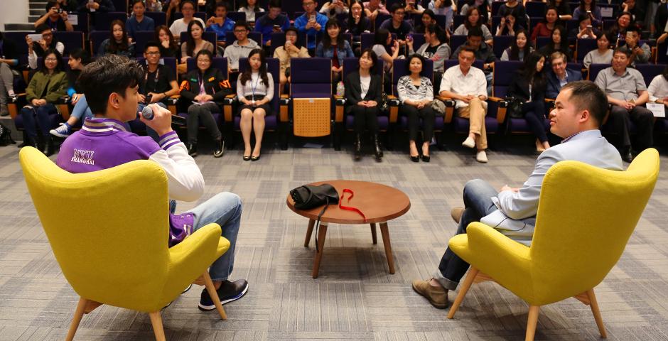 Chinese Olympic swimmer and sports heartthrob Ning Zetao spoke about daring to dream and the importance of social responsibility to an audience of NYU Shanghai students on October 21. (Photo by: Wenqian Hu)