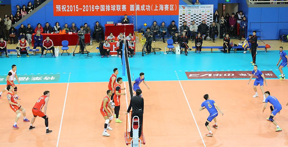 Members of the NYU Shanghai Women's Volleyball Team observed a Chinese Men's Volleyball League match on February 20. The competition saw Shanghai winning the match against Beijing in 3 out of 5 games played. (Photo by: Annie Seaman)