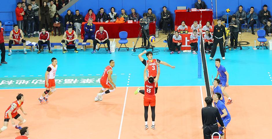 Members of the NYU Shanghai Women's Volleyball Team observed a Chinese Men's Volleyball League match on February 20. The competition saw Shanghai winning the match against Beijing in 3 out of 5 games played. (Photo by: Annie Seaman)