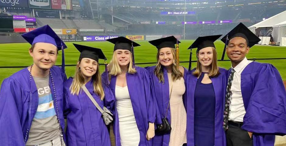 Reunited at last! Friends from NYU Shanghai’s Class of 2020 took part in an evening ceremony  at Yankees Stadium on May 18th. (left to right): Nate Hecimovich  &#039;20, Evelyn Patrell Fazio  &#039;20, Madison Pelletier  &#039;20, Cassie Ulvick  &#039;20, Ellie Wade  &#039;20, De’yon Smith  &#039;20. “Having the ceremony two years later was a great way to turn what is usually a ‘goodbye’ event into a ‘hello again’ event,” said Ulvick.
