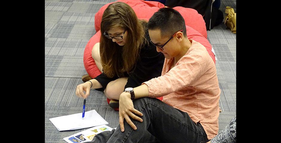 NYU Shanghai and NYU Abu Dhabi students battled each other in the first-ever Game Off competition, featuring Pictionary, charades, trivia contests, and board games. April 16, 2015. (Photo by Danni Wang)