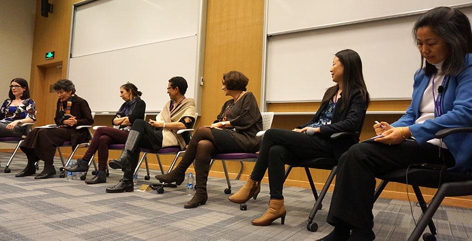 In celebration of International Women’s Day, NYU Shanghai university leaders Joanna Waley-Cohen, Hongxia Liu, Charlene Visconti, Jean Wu, Marianne Petit, and Almaz Zelleke discuss their unique career paths. March 9, 2015. (Photo by Sunyi Wang)