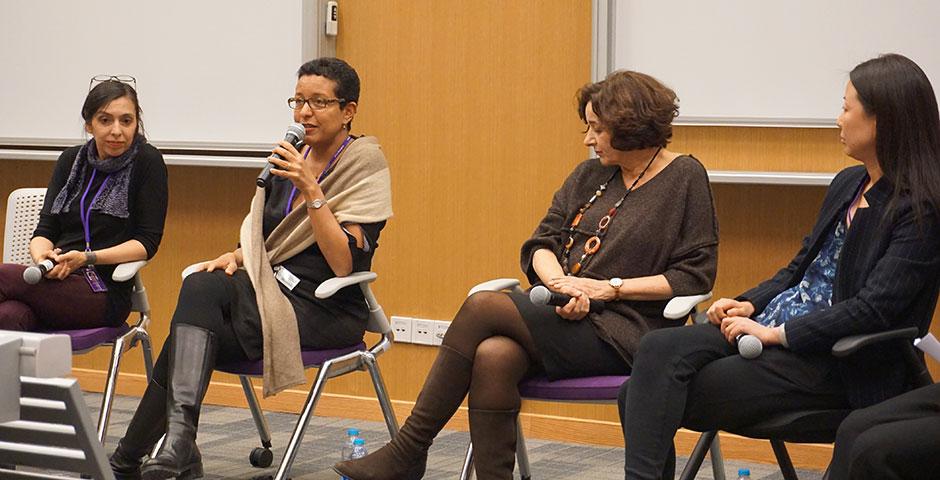 In celebration of International Women’s Day, NYU Shanghai university leaders Joanna Waley-Cohen, Hongxia Liu, Charlene Visconti, Jean Wu, Marianne Petit, and Almaz Zelleke discuss their unique career paths. March 9, 2015. (Photo by Sunyi Wang)