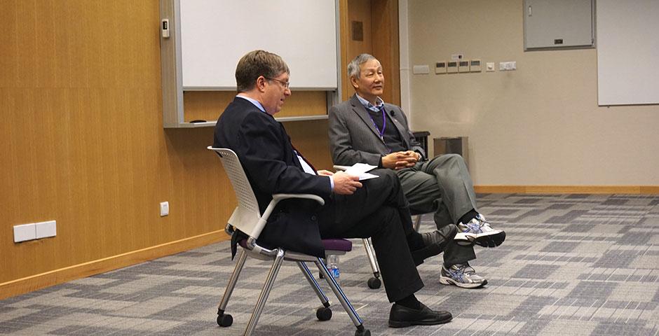 C.C. Chu, renowned for his inventions in biomaterials, sits down with NYU Shanghai Vice Chancellor Jeff Lehman. March 24, 2015. (Photo by Mei Wu)