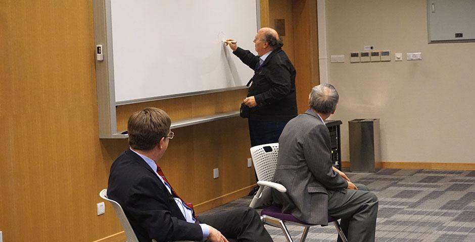 C.C. Chu, renowned for his inventions in biomaterials, sits down with NYU Shanghai Vice Chancellor Jeff Lehman. March 24, 2015. (Photo by Mei Wu)