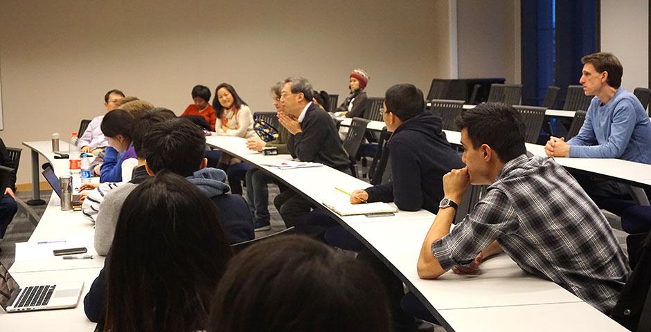 C.C. Chu, renowned for his inventions in biomaterials, sits down with NYU Shanghai Vice Chancellor Jeff Lehman. March 24, 2015. (Photo by Mei Wu)