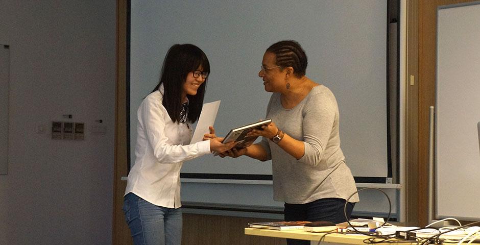 Professor Anjuli Pandavar’s &#039;EAP: Cities and Urban Consciousness&#039; students showcase their &quot;secret video&quot; projects and receive certificates of achievement for their hard work. May 14, 2015. (Photo by Charlotte San Juan)