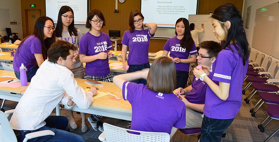 The Orientation Ambassadors brainstorm ideas for a creative story about their NYU Shanghai experiences. April 25, 2015. (Photo by Shelly Lu &amp; Joyce Tan)