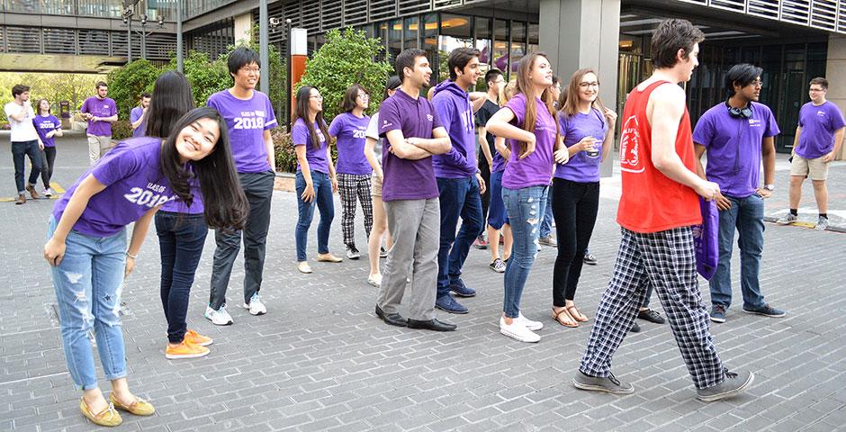 The Orientation Ambassadors head outside for a group photo. April 25, 2015. (Photo by Shelly Lu &amp; Joyce Tan)