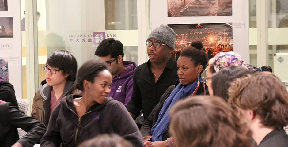 Members of the NYU Shanghai community gather to discuss micro-aggression, the unintentional discrimination against another group based on common misconceptions or stereotypes. April 14, 2015. (Photo by Kadallah Burrowes)