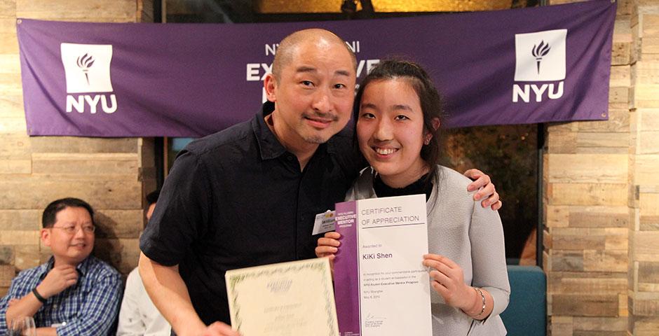 The NYU Alumni Executive Mentor Program held its end-of-semester appreciation dinner at naked Bite in Puxi, where student mentees read aloud thank you letters to their mentors; all participants were awarded certificates of appreciation. Several new alumni were welcomed to act as mentors for next year's program. May 8, 2015. (Photo by Tingting Wang)