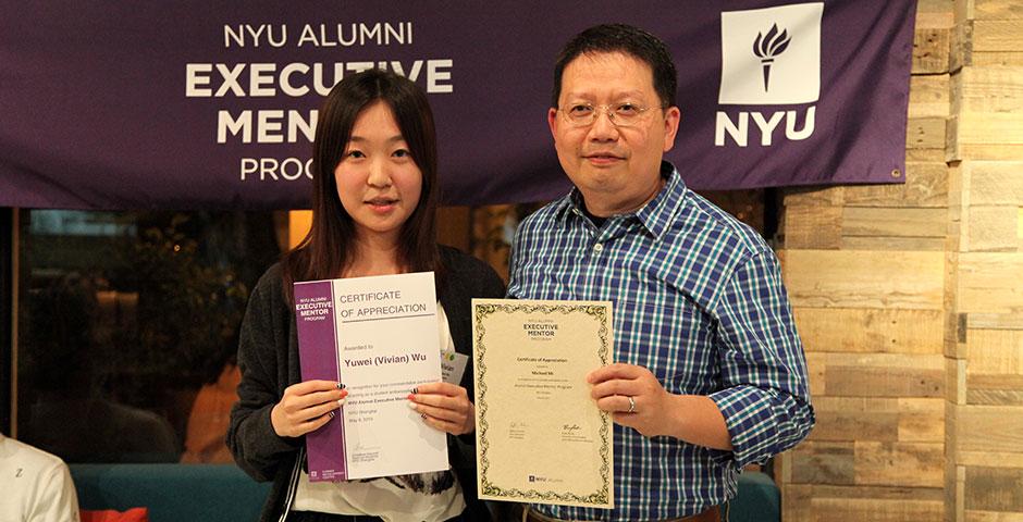 The NYU Alumni Executive Mentor Program held its end-of-semester appreciation dinner at naked Bite in Puxi, where student mentees read aloud thank you letters to their mentors; all participants were awarded certificates of appreciation. Several new alumni were welcomed to act as mentors for next year's program. May 8, 2015. (Photo by Tingting Wang)