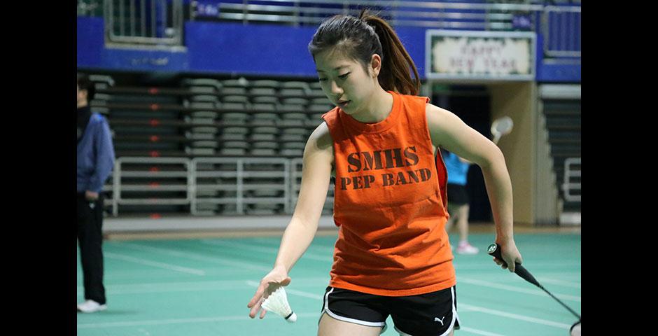 Students compete in the final round of the Intramural Badminton Tournament at Yuanshen Sports Centre Stadium. March 12, 2015. (Photo by Kevin Pham)