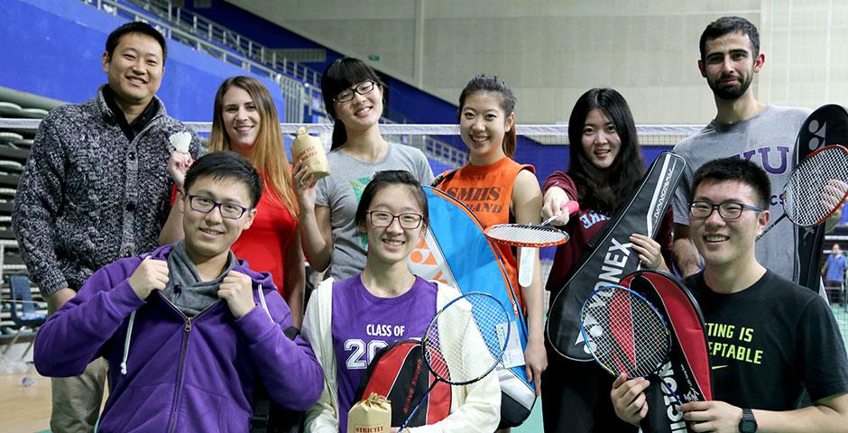Students compete in the final round of the Intramural Badminton Tournament at Yuanshen Sports Centre Stadium. March 12, 2015. (Photo by Kevin Pham)