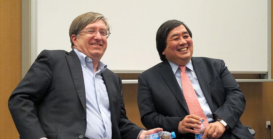 Former Legal Adviser of the US Department of State Harold Koh and NYU Shanghai Vice Chancellor Jeffrey Lehman discuss law school and whom they believe it is appropriate for. March 12, 2015. (Photo by Public Affairs)