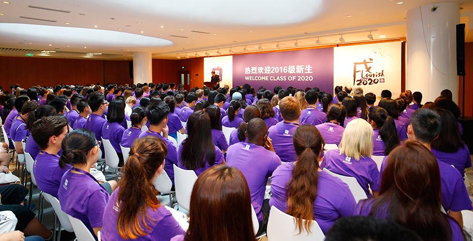 NYU Shanghai officially welcomed new students into the NYU family this weekend in a Convocation ceremony held on campus. As they entered the hall, each student placed a light on a poster spelling out 2020, symbolising their coming together as one class. Echoing this year&#039;s theme, Flourish, we wish the Class of 2020 an exciting four years of growth and discovery.  (Photo by: NYU Shanghai)