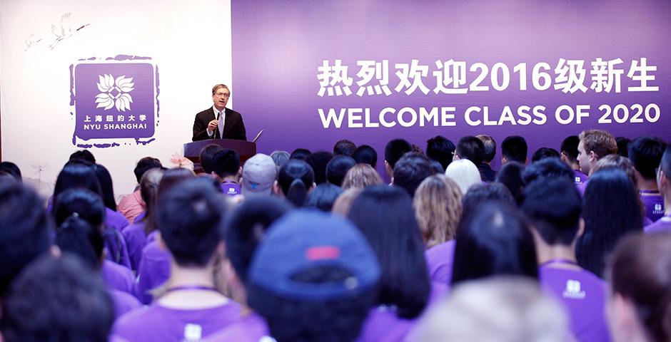 NYU Shanghai officially welcomed new students into the NYU family this weekend in a Convocation ceremony held on campus. As they entered the hall, each student placed a light on a poster spelling out 2020, symbolising their coming together as one class. Echoing this year&#039;s theme, Flourish, we wish the Class of 2020 an exciting four years of growth and discovery.  (Photo by: NYU Shanghai)