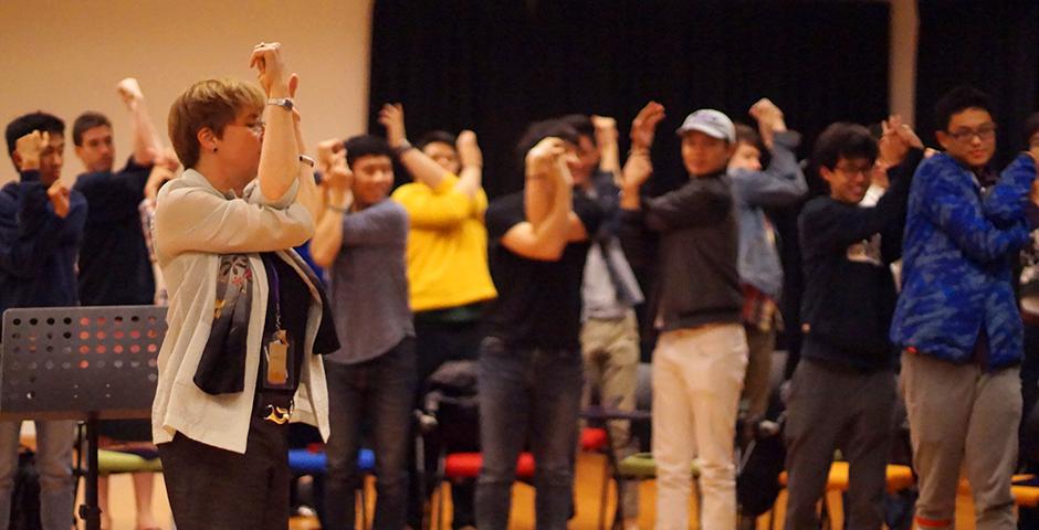 A choral rehearsal under the direction of Professor Dianna Heldman erupted into a rainstorm of reverberant voices. (Photo by: NYU Shanghai)