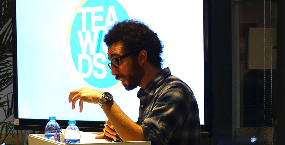 The NYU Shanghai community joins poets Mazen Maarouf, Chen Danyan, and David Perry for an exclusive "Tea W/ords" reading session. November 22, 2014. (Photo by Yilun Yan)