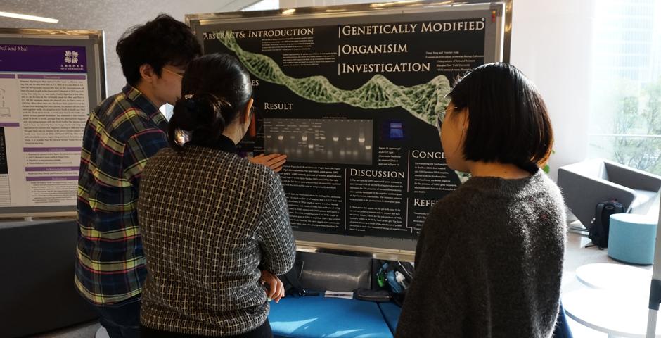 On December 6-7, nineteen students presented their work at the Molecular Biology Lab poster symposium in the 2F Cafe. The theme of this year was DNA editing, with a focus on Genetically-Modified Organism(GMO) Detection and Restriction Enzyme Digestion. Many students investigated whether fruit or vegetable samples were genetically modified or not by using the application of PCR and electrophoresis. （Photo by: NYU Shanghai）