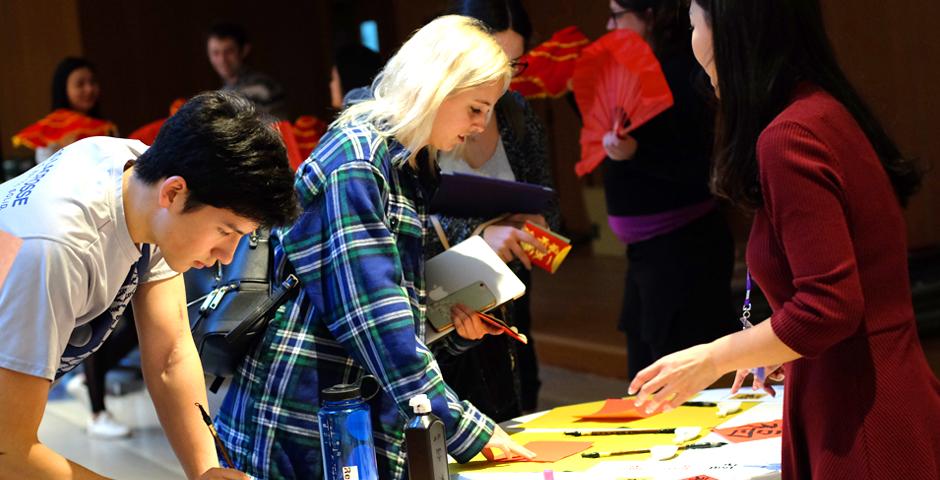 In celebration of the Lantern Festival this year of the rooster, the Chinese Language Program, in collaboration with Residential Education organized a gathering with games and activities including paper lantern decoration and calligraphy. (Photo by: NYU Shanghai)