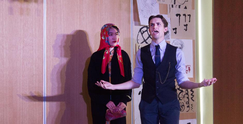 Lawyer Roger, played by John Dopp ‘21 (right), proclaiming his innocence. [Photo by Kyle Maloney ‘21]