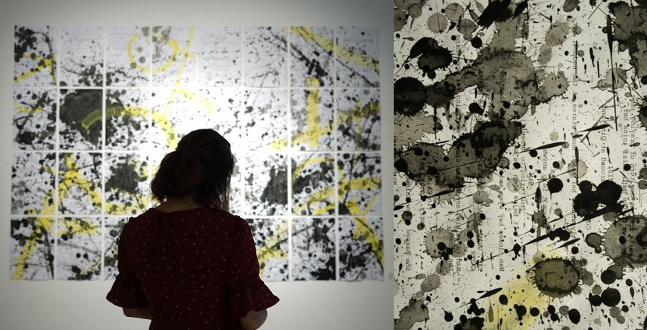2019届学生宗景天的作品“Splash”是一幅讨论语言、文化碰撞和多语言写作体验的拼贴画作品，中国水墨和黄色水粉被泼洒在艺术家30多页的剧本上。