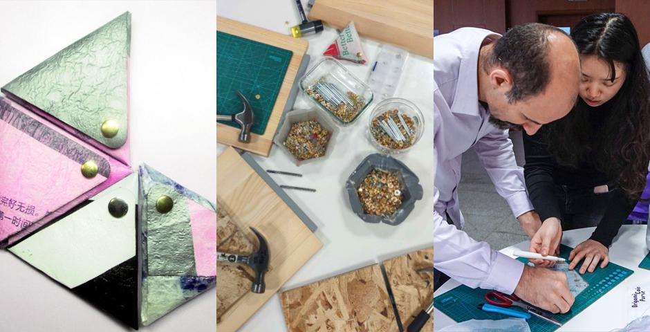 交互媒体艺术专业在学校餐厅举办了一个DIY工作坊，教学生如何用塑料袋、普通家用材料、折纸和熨斗做零钱包。