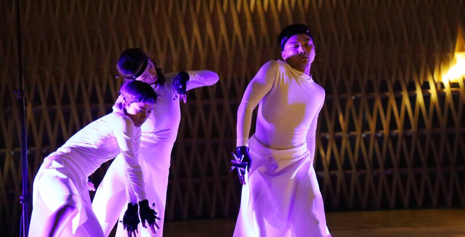 The show involved a synthesis of optical motion-tracked dance, state-of-the-art real time graphics, physics particle simulations, motion-controlled audio effects and millions of data points processed every second from an array of networked sensors. (Photo by: NYU Shanghai)