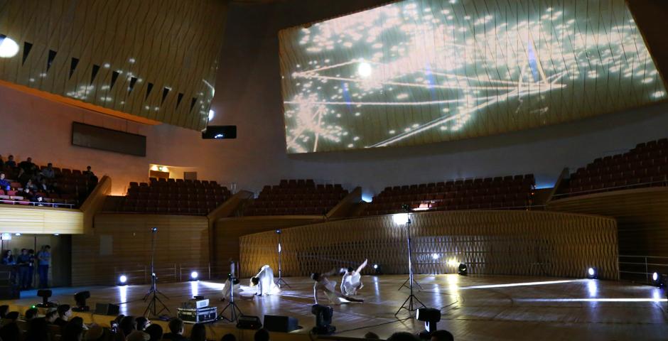 The group used Optitrack motion sensors to translate the dancers&#039; real-world location and movement into digital space. (Photo: NYU Shanghai)