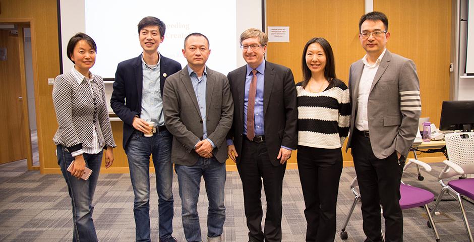 Leading entrepreneurs including Kevin Guo, founding co-CEO of Dianrong; Phil Ren, founding CEO of Mingdao; and Kerr Hu, founding CEO of Hippo Animation met with NYU Shanghai students and discussed China&#039;s startup landscape at the invitation of Elizabeth Chen, NYU Shanghai Senior Executive in Residence. (Photo by: NYU Shanghai)